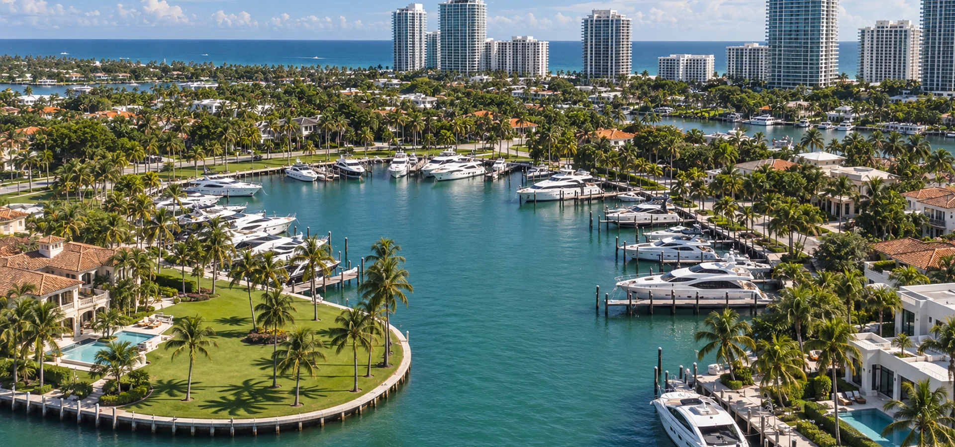 Aerial view of the waterfront and marina near Bal Harbour, Florida