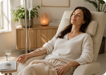 Woman relaxing in a reclining chair receiving IV therapy in a sunlit wellness room.