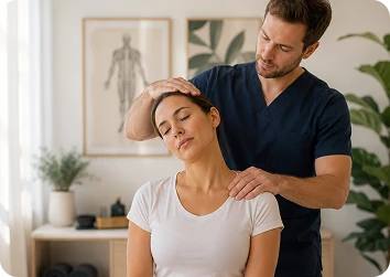 Male physiotherapist in navy scrubs tilts a seated woman’s head sideways, stretching her neck during treatment in a bright clinic.