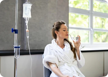 Relaxed woman in a white bathrobe receiving IV therapy while sipping water in a bright clinic.