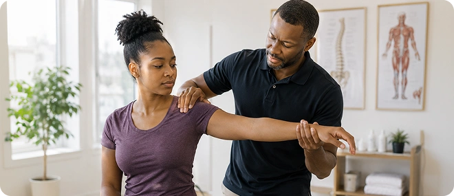 Physical therapist assessing a female patient's shoulder and arm range of motion in a clinic with anatomical posters on the wall