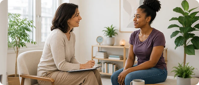 Smiling female therapist holding a clipboard talks with a young woman in a purple T-shirt as they sit facing each other in a bright, plant-filled counseling room.