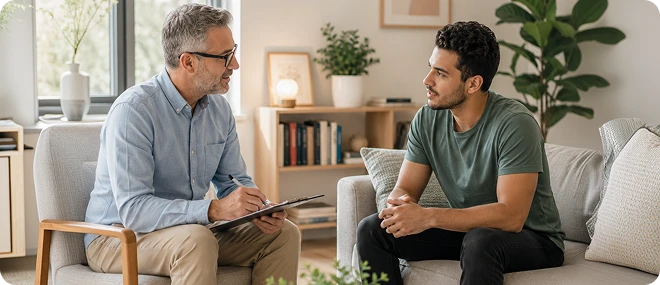 Grey-haired male therapist with glasses and clipboard talks with a young man in a green T-shirt as they sit on armchairs in a bright, plant-filled counseling room.