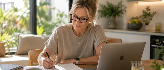 Blonde woman in glasses writing in a notebook beside an open laptop at a sunlit kitchen table.