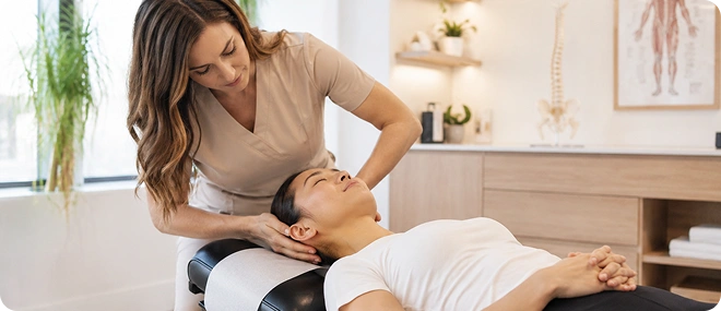 Female chiropractor performing a neck adjustment on a male patient lying on a treatment table in a bright clinic
