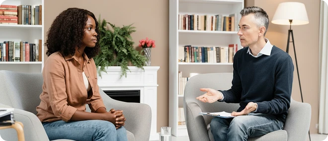 Female client with hands clasped listens to male therapist holding notes as they sit facing each other in armchairs in a book-filled counseling office.