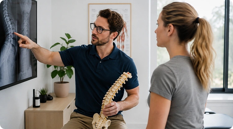 Chiropractor holding a spine model and pointing to a spinal X-ray on a screen while explaining the results to a female patient