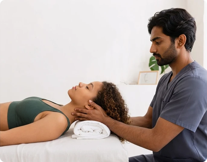 Male physiotherapist in gray scrubs gently supporting a young woman’s neck while she lies on a treatment table during a therapy session.