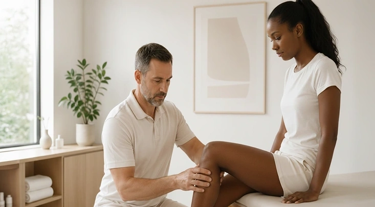 Physical therapist examining a female patient's knee as she sits on a treatment table in a bright, calm clinic