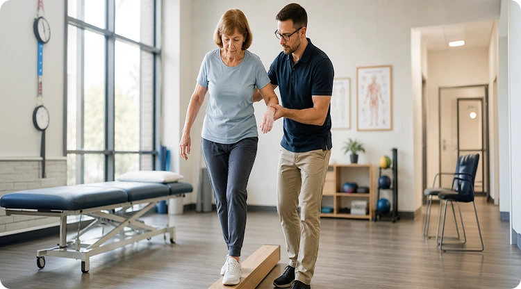 Physical therapist supporting an elderly woman as she practices balance walking on a low beam during a rehabilitation session in a clinic