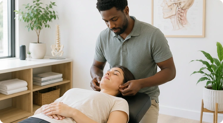 Chiropractor performing a neck adjustment on a female patient lying on a treatment table in a bright clinic