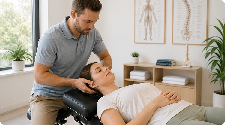 Chiropractor performing a neck and head adjustment on a female patient lying on a treatment table, with anatomical spine posters on the wall