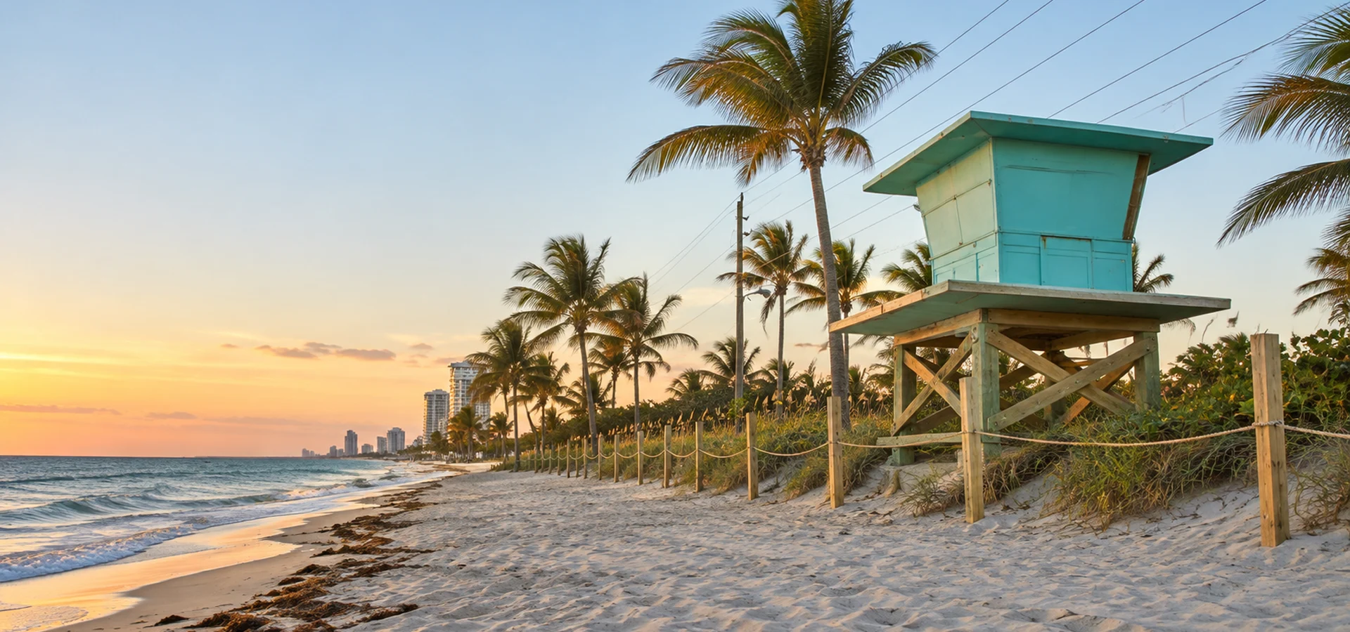 Dania Beach coastline with palm trees at sunset